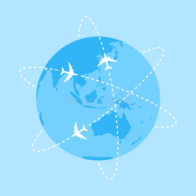 White Planes Flying Around the Blue Earth Globe. Vector Illustration