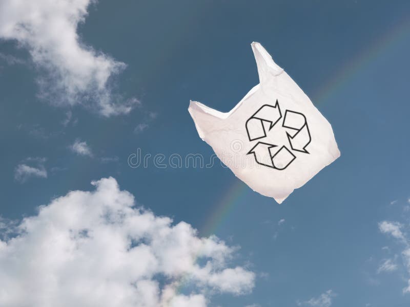White Plastic Carrier Bag Over Sky and Rainbow, Blowing in the Wind