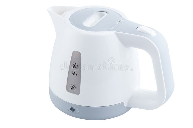 White, plastic electric kettle isolated on white background stock photo White, plastic electric kettle isolated on white background stock photo