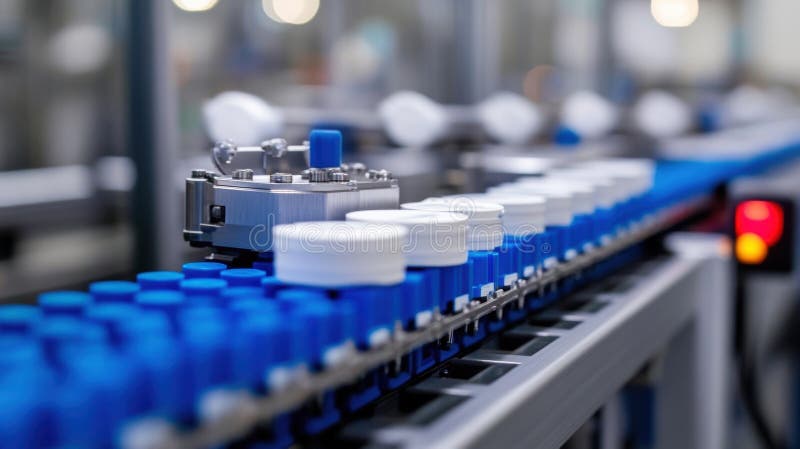 White plastic lids moving on conveyor belt in packaging line stock photography