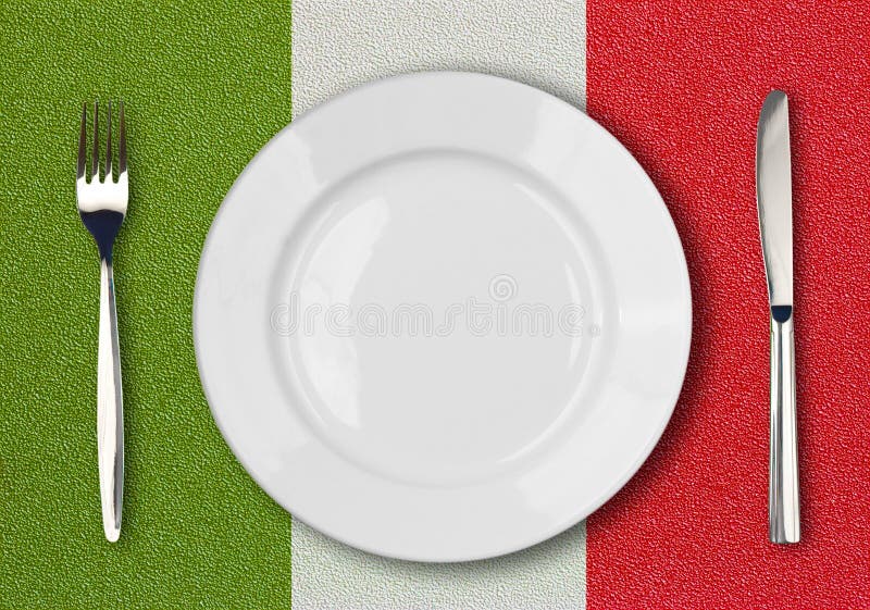 White plate, fork and knife on italian flag royalty free stock images White plate, fork and knife on italian flag royalty free stock images