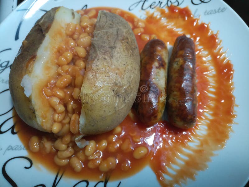 Large Jacket Potato with Sausages and Baked Beans Stock Image Image
