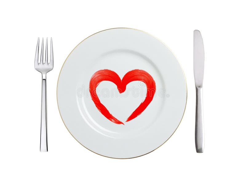 White Plate with Paint Red Heart Symbol, Spoon and Fork Isolated Stock