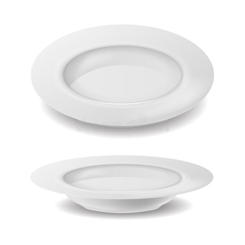 White plate. Realistic empty dish. Side view of isolated crockery. Ceramic utensil for breakfast meal. Cooking porcelain