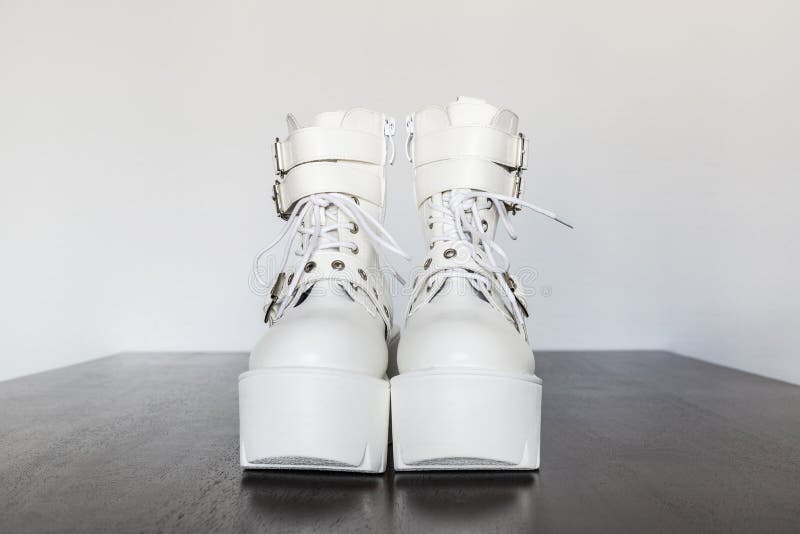 White Platform Boots with Buckles and Laces Stock Photo Image of heel