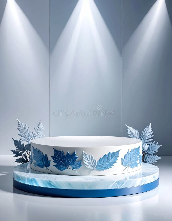 White Podium with Blue Maple Leaf Decoration and Spotlight Background for Display vector illustration