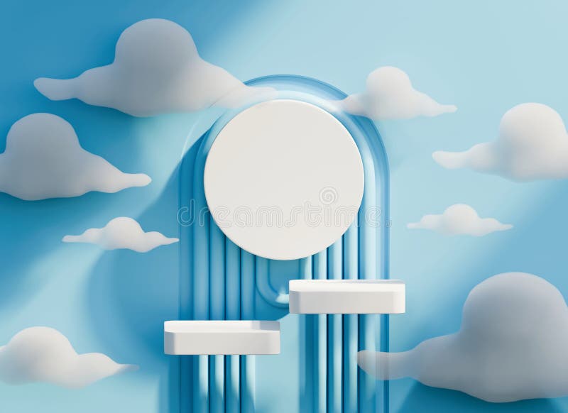 White Podium Minimal For Product Display Showcase with Cloud and Blue Background 3D Rendering royalty free illustration