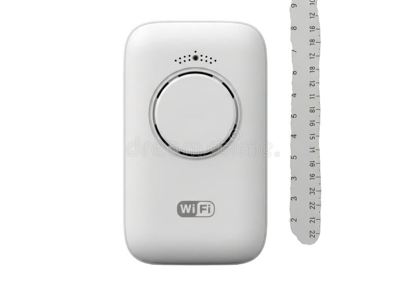 A white, rectangular portable Wi-Fi hotspot device is shown isolated on a transparent background. The device features a large circular button on its front, with smaller text above it indicating 'SLEEP' and 'ON'. Below the circular button, a 'Wi-Fi' logo is visible. To the right of the device, a white ruler with black markings is also isolated on the transparent background, suggesting a comparison. Logo comparison vectors