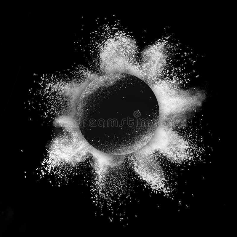 White Powder Explosion in a Round Frame on a Black Background. Stock