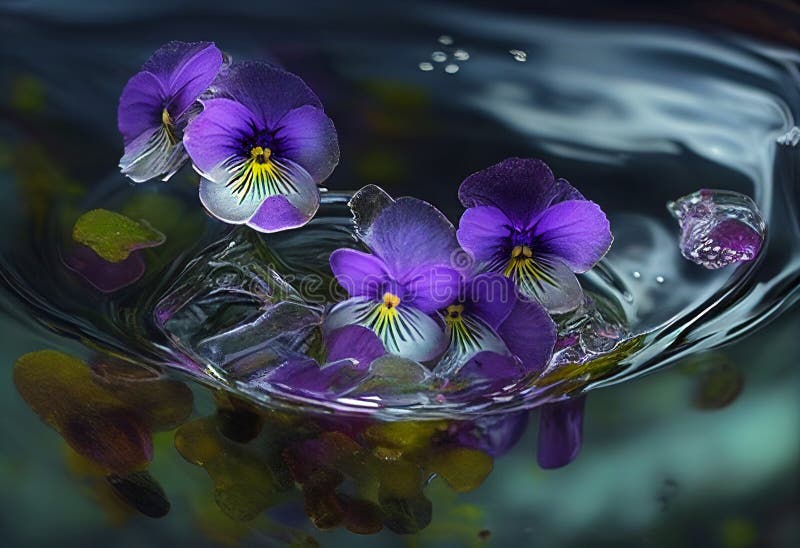Whitepurple Violets Under Water in Rays of Light. AI Generated Stock