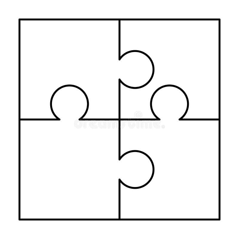 4 white puzzles pieces arranged in a square. Jigsaw Puzzle template ready for print. Cutting guidelines isolated on white