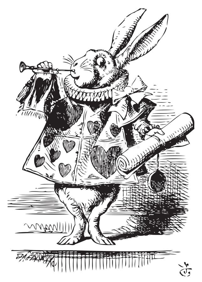 White Rabbit, dressed as a herald, blowing trumpet - Alice`s Adventures in Wonderland original vintage engraving