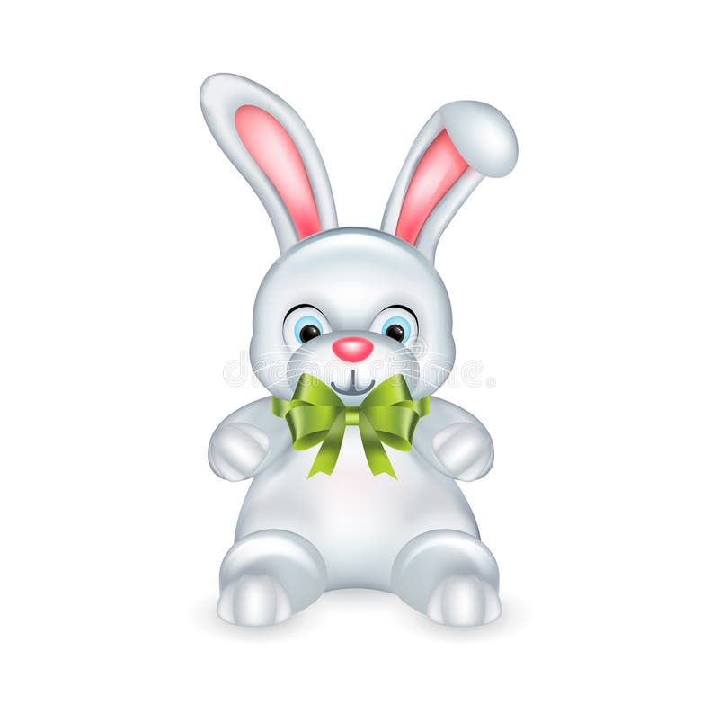 White rabbit with green bow isolated o white stock illustration