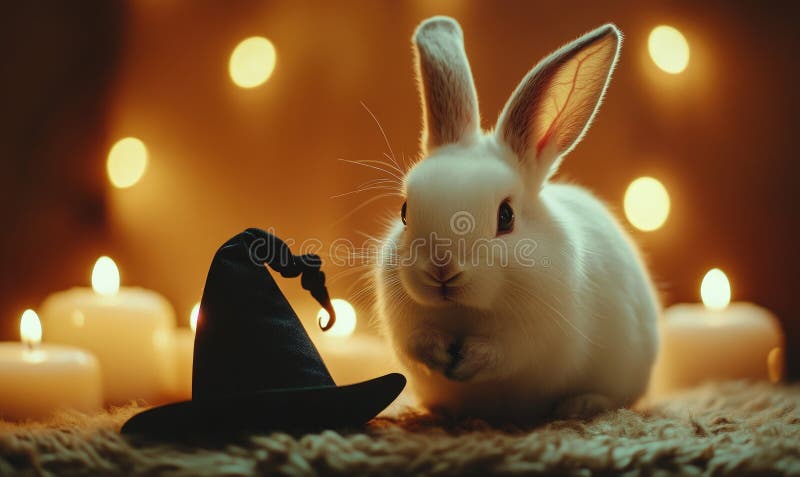 A white rabbit with long ears, balancing a small black hat, with soft candlelight in the background royalty free stock images