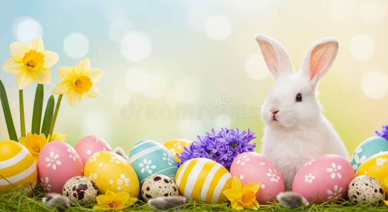 A white rabbit sits among a colorful array of Easter eggs. The eggs are decorated stock illustration