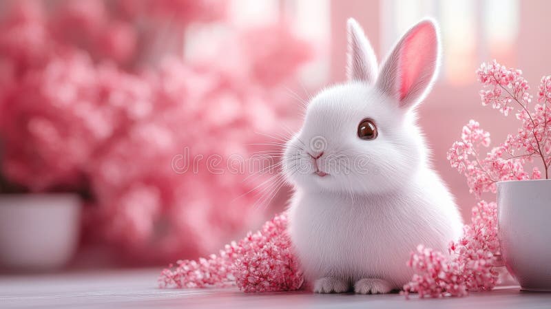 White Rabbit Surrounded by Pink Flowers in Soft Focus, Tranquil