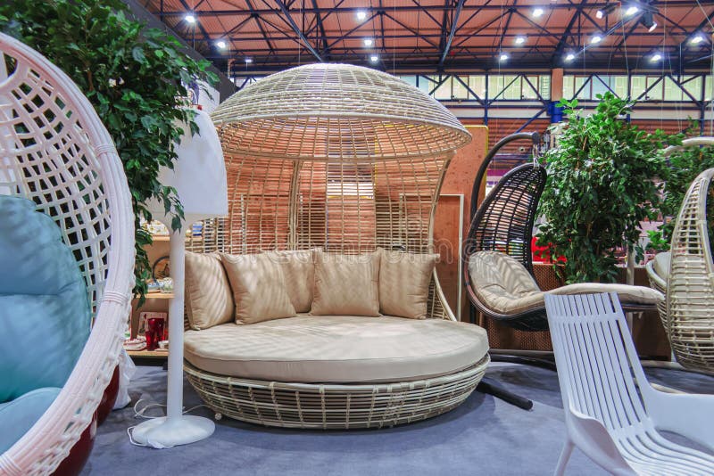 White Rattan Round Bed with Canopy and Pillows Stock Image Image of