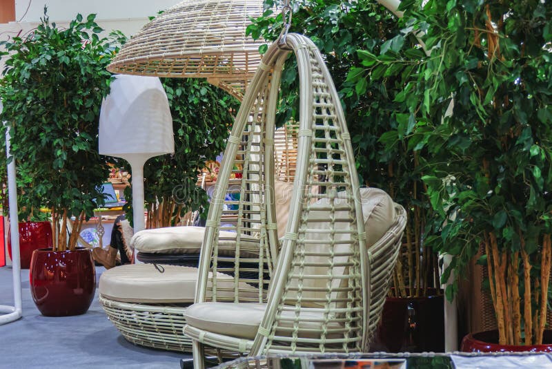 White Rattan Round Bed with Canopy and Pillows Stock Photo Image of