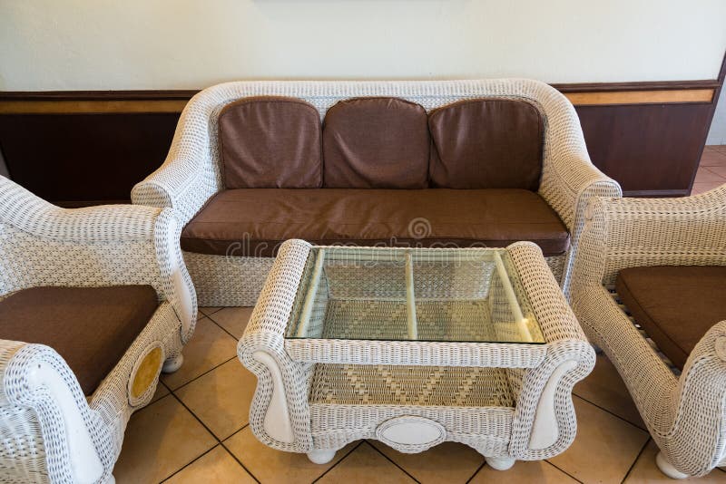 White Rattan Sofa in Living Room. Stock Photo Image of functional