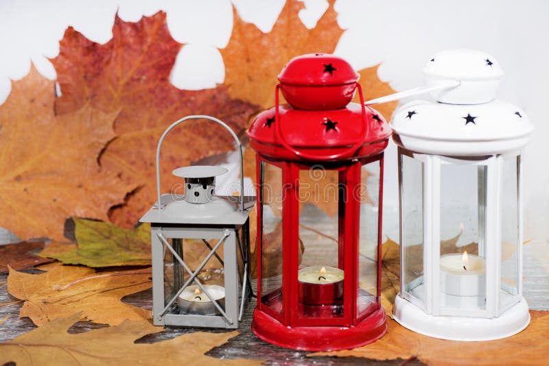 White and Red Candle Lantern with Autumn Leaves Stock Photo Image of