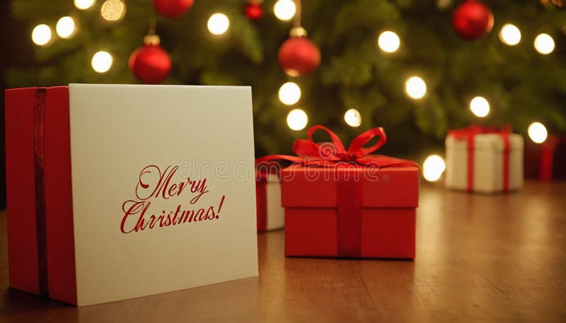 White and red Christmas gift box with Merry Christmas\' text and festive background royalty free illustration