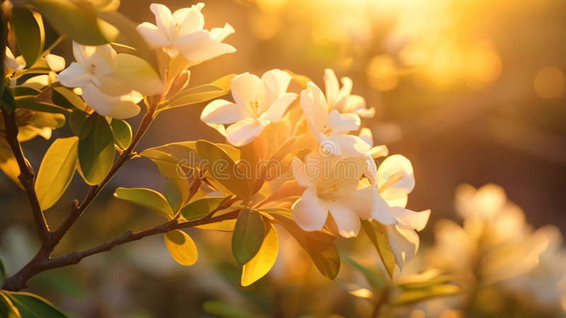 White rhododendron flowers in the rays of the setting sun, jasmine bush in warm sunset light, AI Generated