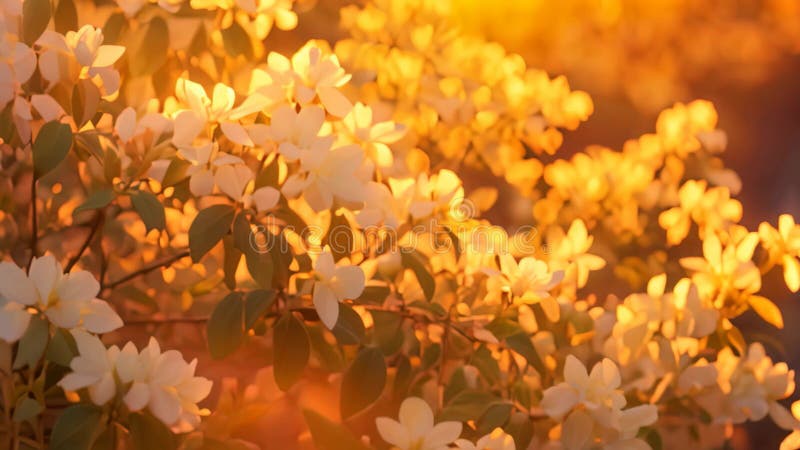 White rhododendron flowers in the rays of the setting sun, jasmine bush in warm sunset light, AI Generated