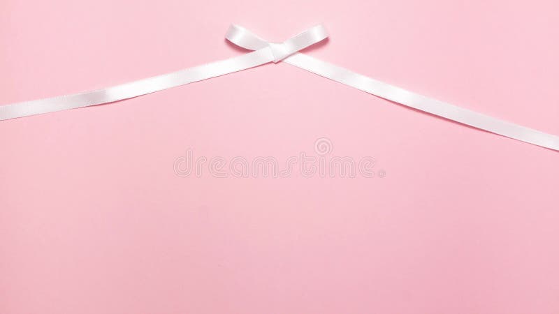 White ribbon tied in a gift bow on pink background with copy space. Stop motion animation of holidays and romantic concepts