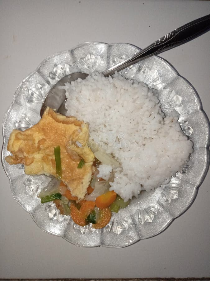 White Rice with Fried Egg and Home Made Soup Stock Image Image of