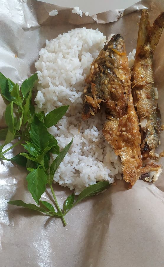 White Rice with Fried Fish, Lalap Vegetables Stock Image - Image of