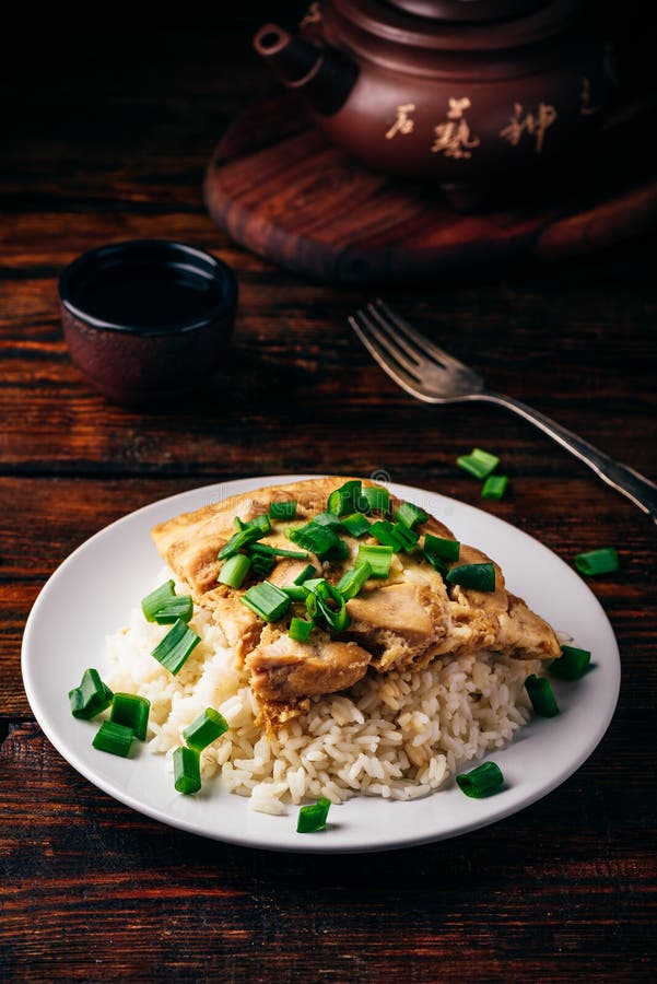 White Rice with Scrambled Eggs with Chicken and Green Onion Stock Photo