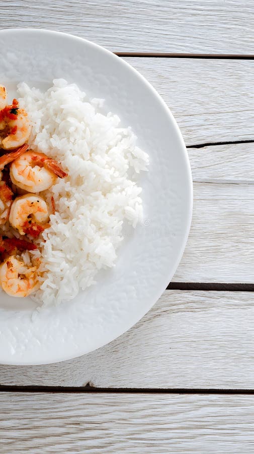 White rice with stir-fried shrimp, clean plate layout with right zone empty. Generative Ai. Cleanplate illustrations