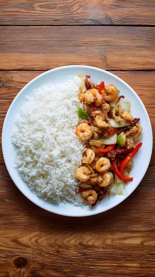 White rice with stir-fried shrimp, clean plate layout with right zone empty. Generative Ai. Cleanplate illustrations