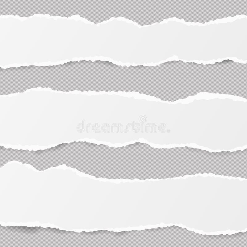 White ripped blank horizontal note paper strips for text or message stuck on gray background. stock illustration