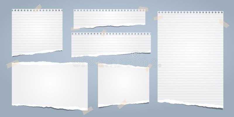 White ripped notebook paper, torn lined note paper for text or message stuck on blue background. Vector illustration royalty free illustration