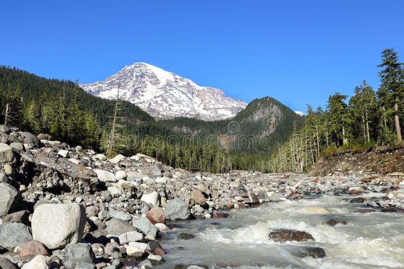 White River on the Way To Mt. Rainier in the Background Stock Photo