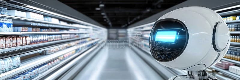 White robot assistant navigating supermarket aisles revolutionizing customer service in retail ilustração do vetor
