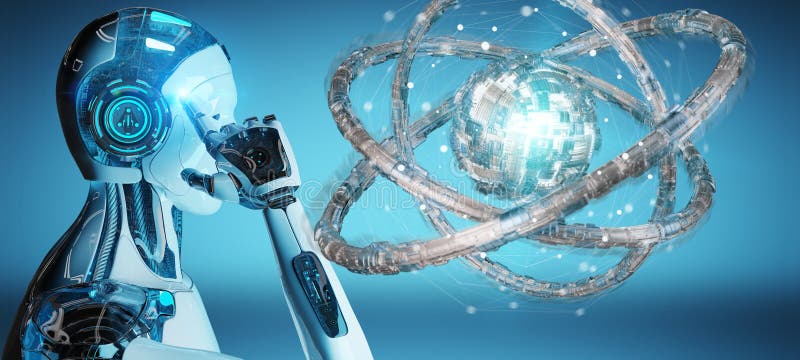 White robot creating future technology structure 3D rendering vector illustration