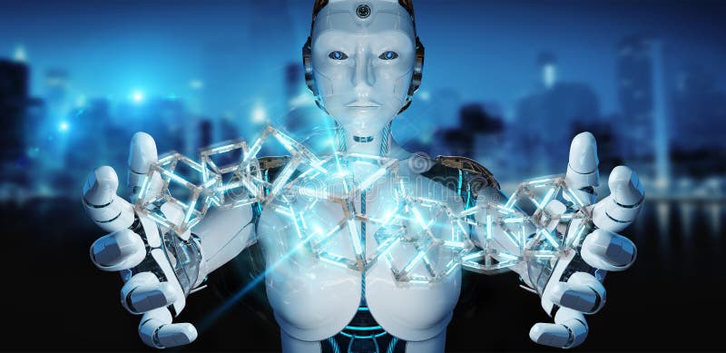 White robot creating future technology structure 3D rendering vector illustration