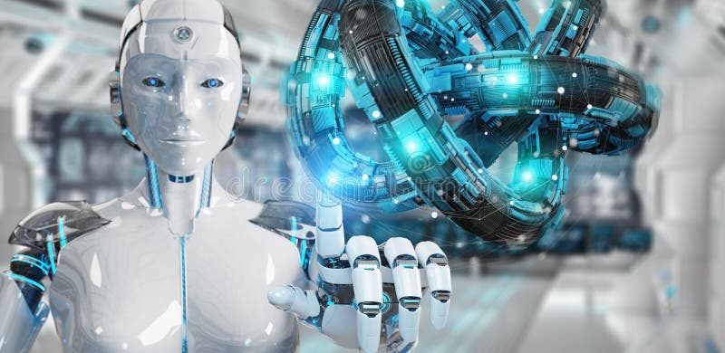 White robot creating future technology structure 3D rendering royalty free illustration
