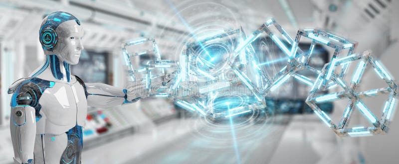 White robot creating future technology structure 3D rendering stock illustration
