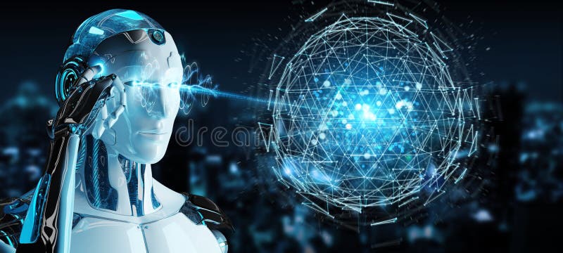 White robot using digital triangle exploding sphere hologram 3D royalty free illustration