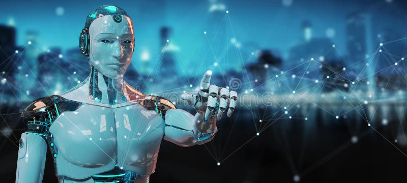 White robot using floating digital network connections with dots and lines 3D rendering royalty free illustration