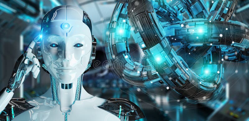 White robot creating future technology structure 3D rendering royalty free illustration
