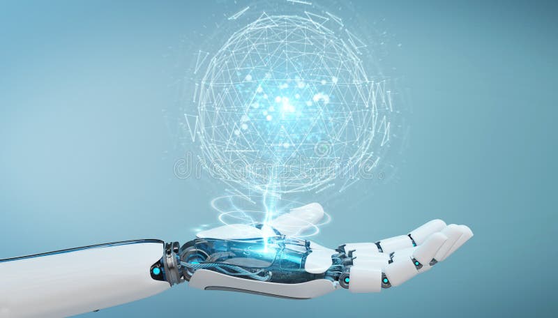 White robot hand using digital triangle exploding sphere hologram 3D rendering stock illustration