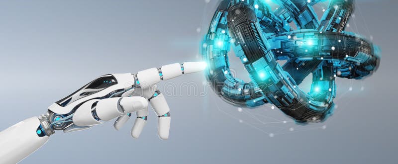 White robot hand creating future technology structure 3D rendering royalty free illustration