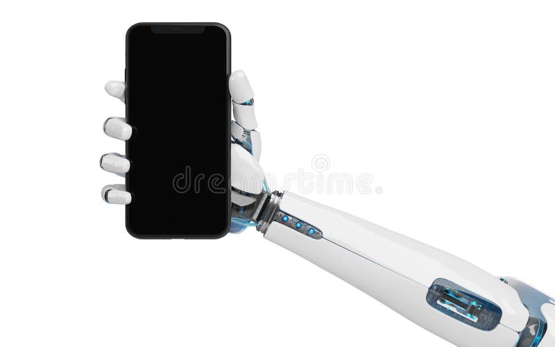White robot hand holding smartphone mockup 3d rendering royalty free illustration