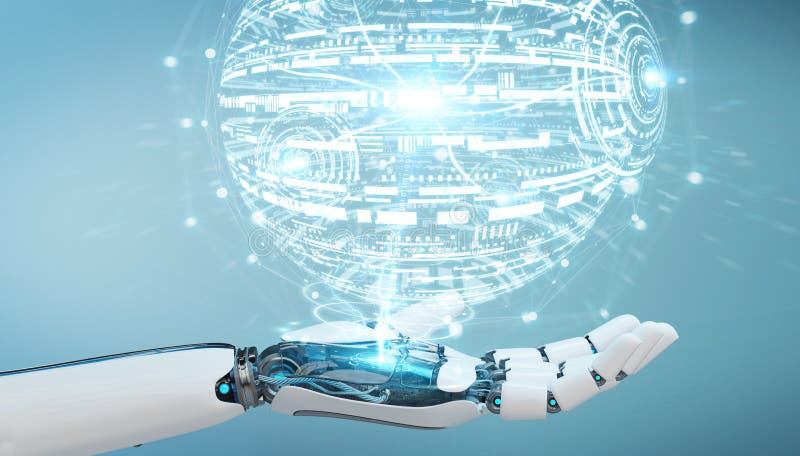 White robot hand using digital globe hud interface 3D rendering vector illustration