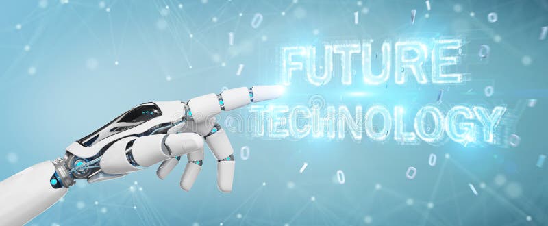 White robot hand using future technology text hologram 3D render royalty free illustration