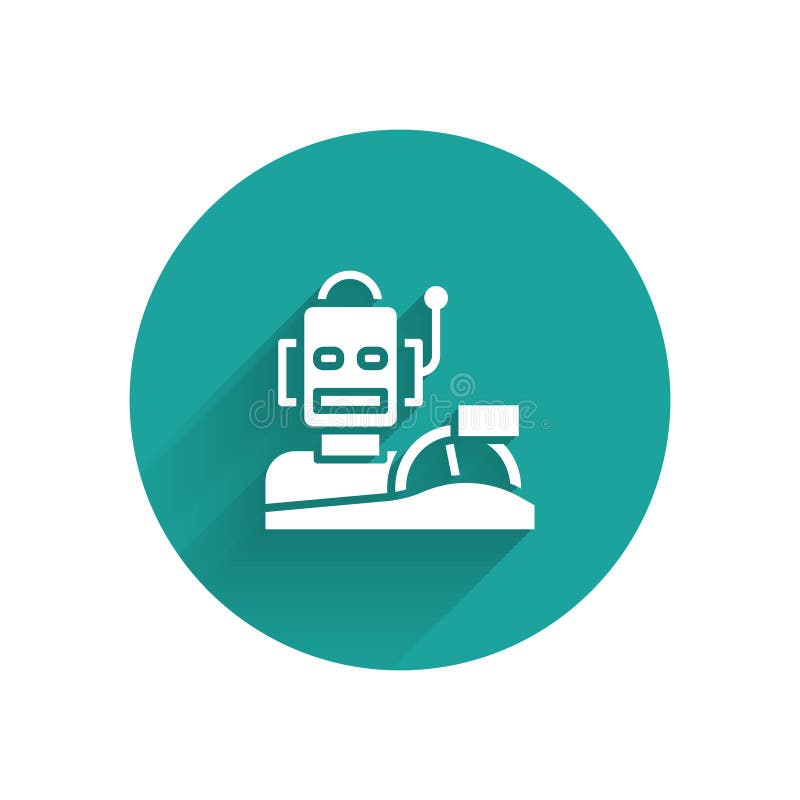 White Robot humanoid driving a car icon isolated with long shadow. Artificial intelligence, machine learning, cloud vector illustration